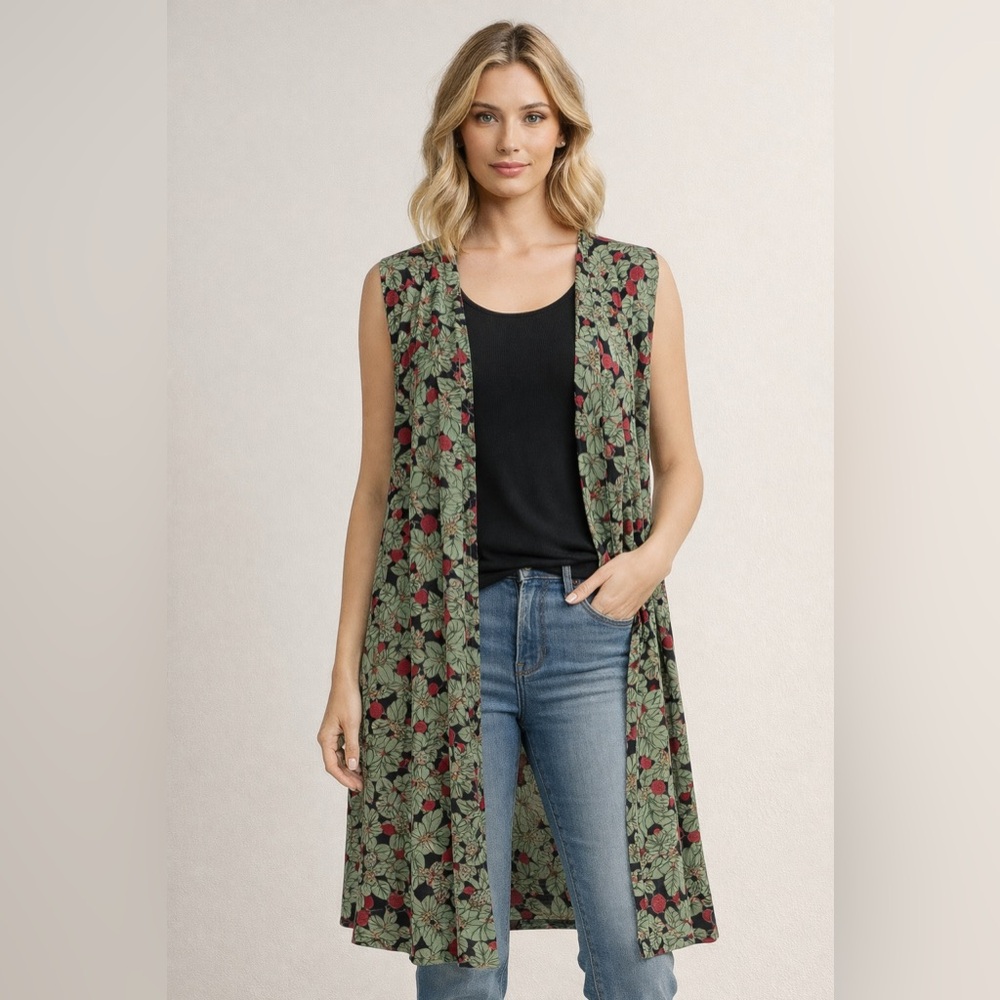LuLaRoe Long Open Front Duster Cardigan Green Leaf & Red Berry Floral Print Sz L